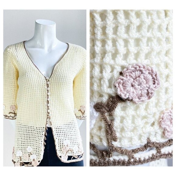 Vintage Ivory Crochet Floral Detail Pearl Button Closure  Open Knit Top S - Picture 1 of 8